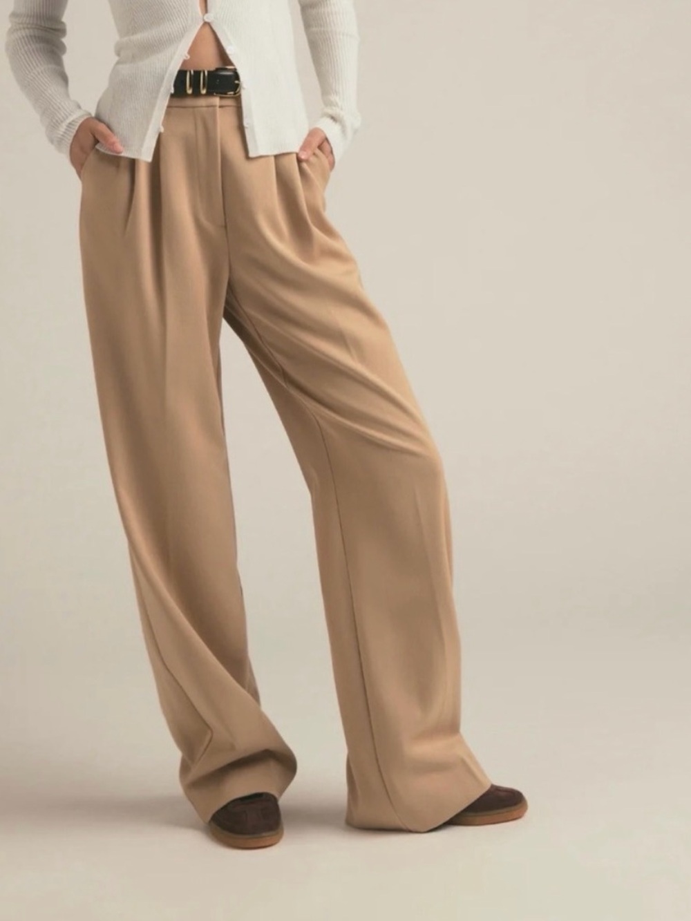 Favorite Daughter Tan High-Rise Tailored Wide Leg Trousers